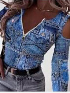 Blue Patchwork Denim-Print Cold Shoulder Jacket